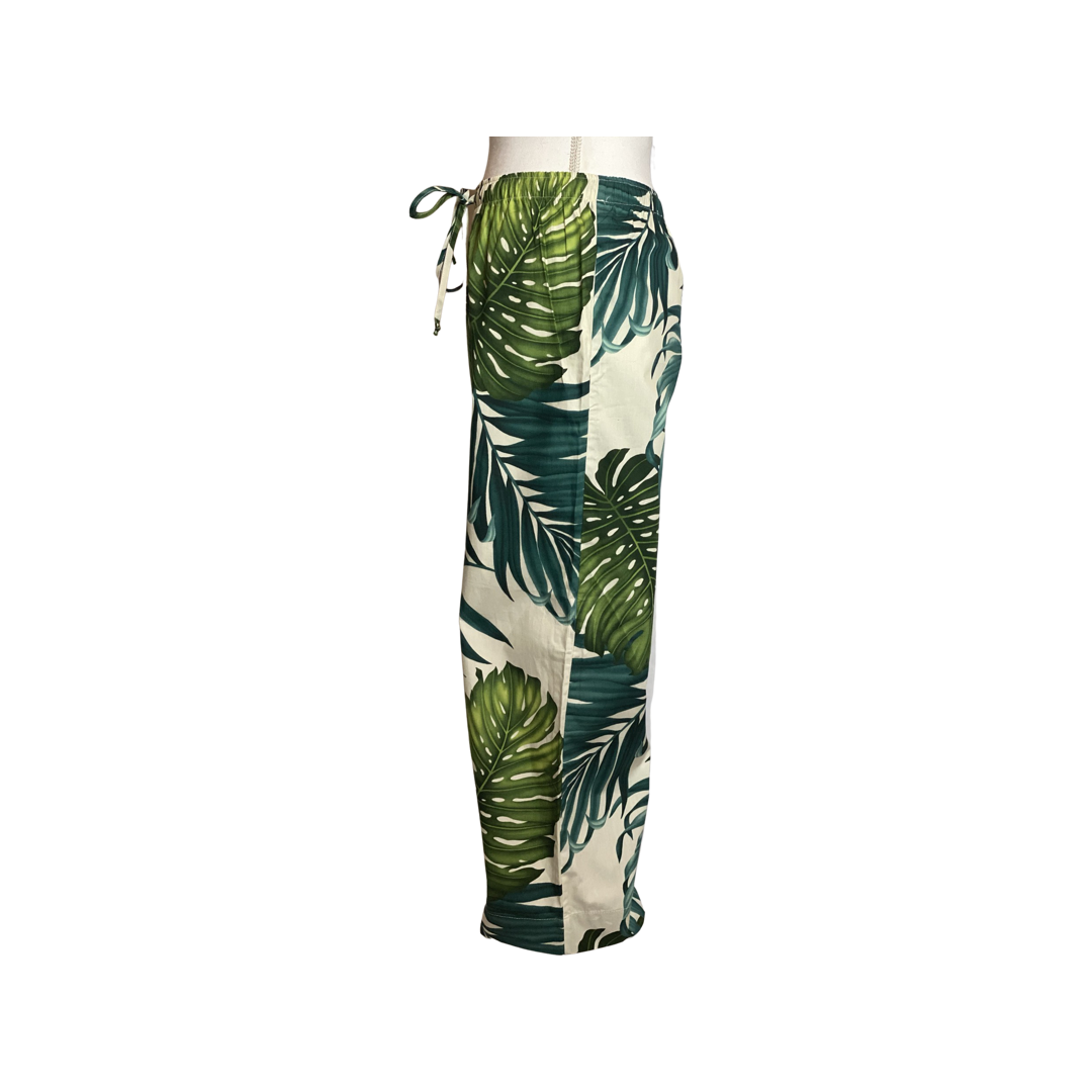 womens, wide leg pant, monstera, green, white,  draw string tie, cotton,  resort wear, aloha wear, family matching
