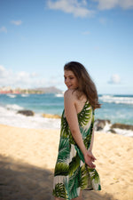 womens, hawaiian, dress, halterneck, sheath, monstera, ivory, Coradorables, modern aloha, aloha wear, resort wear, family matching