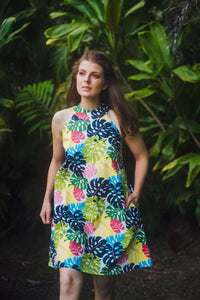 monstera sheath Cora Spearman Hawaii WOMENS Rainbow Monstera Halter Neck Sheath Dress – Coradorables Hawaii