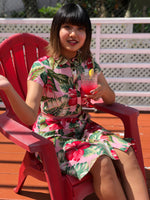 womens hawaiian shirt dress, royal hawaiian, pink, flared skirt, slim fit, size up recommended, short sleeves, Coradorables, aloha shirt, aloha wear, resort wear, family matching
