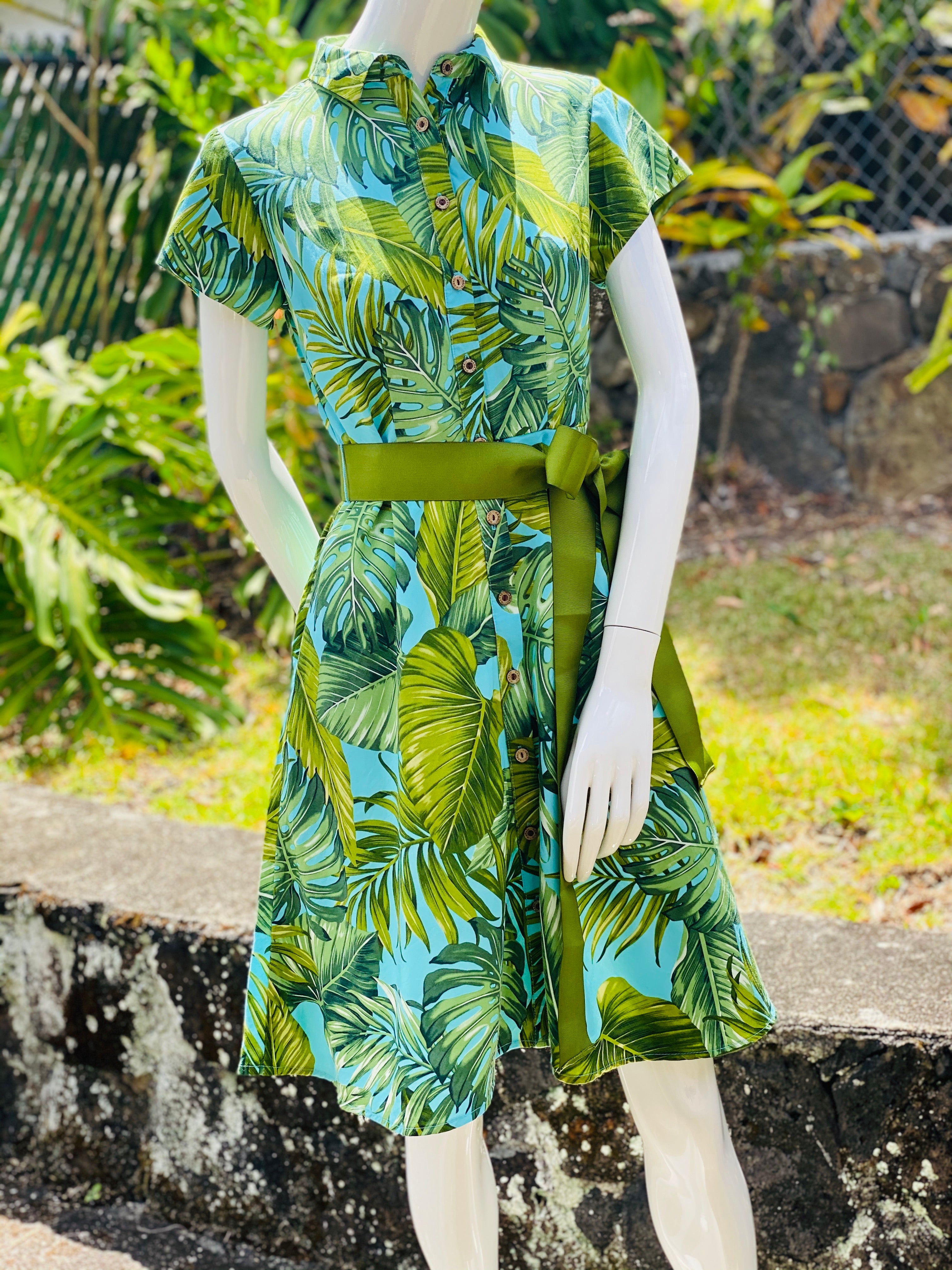 Cora Spearman Hawaii Womens Monstera 21 Turquoise Aloha Shirt Dress L
