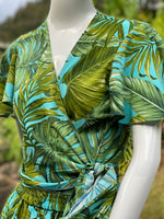 womans, hawaiian, wrap top, flutter sleeve, monstera, turquoise, green, rayon, Coradorables, modern aloha, aloha wear, resort wear, family matching