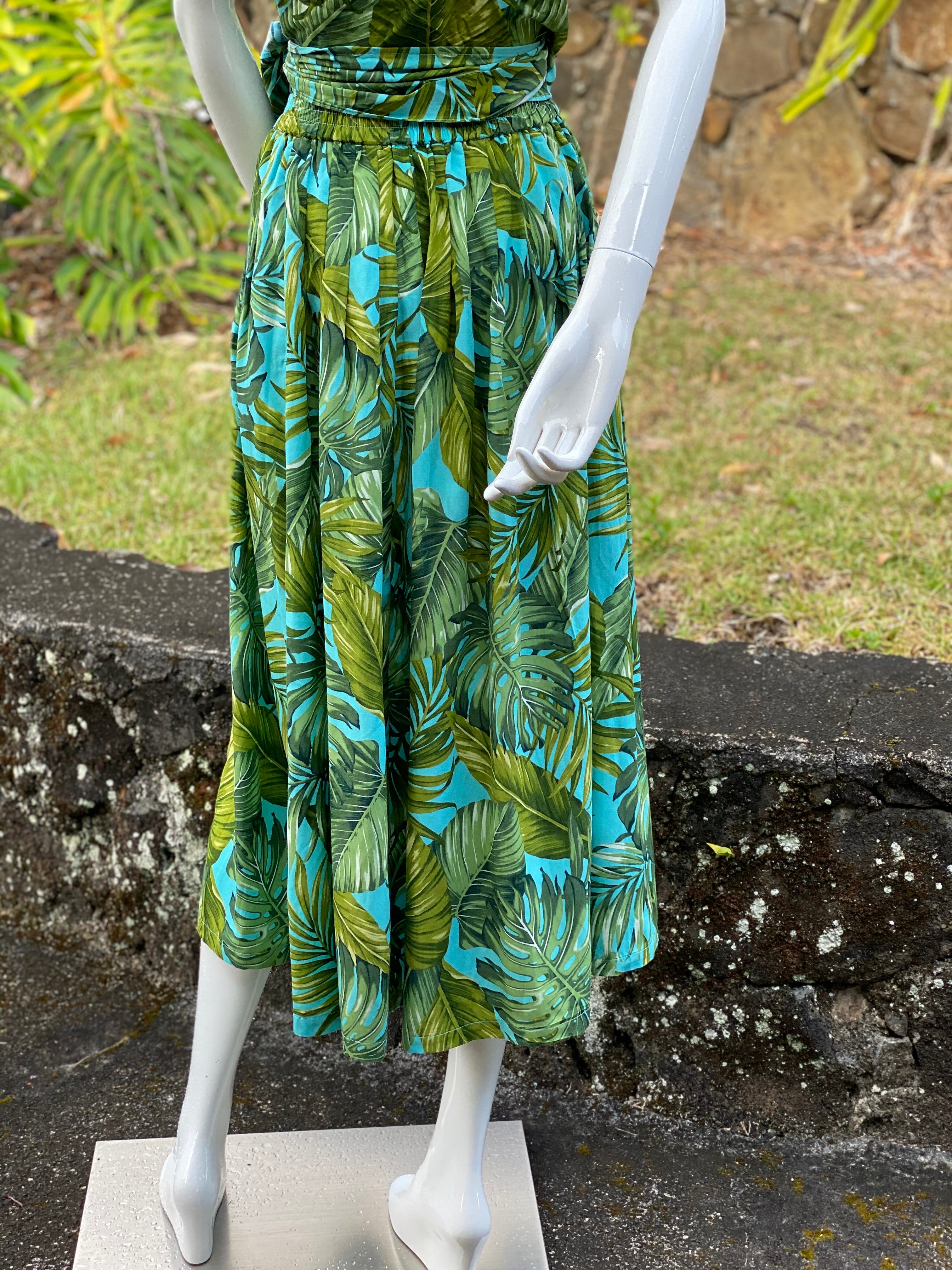 Cora Spearman Hawaii WOMENS Monstera 21 Turquoise Pleated Maxi Skirt