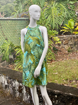 Cora Spearman Hawaii WOMENS Monstera 21 Turquoise Halter Neck Sheath Dress