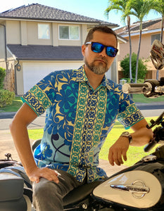 mens hawaiian shirt, quilt, ocean blue, slim fit, aloha shirt, aloha wear, resort wear, Coradorables, family matching, flowery Hawaiian quilt