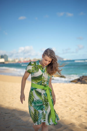 womens, hawaiian, shirt dress, fitted, monstera ivory, green, gross grain belt, Coradorables, modern aloha, aloha wear, resort wear, family matching