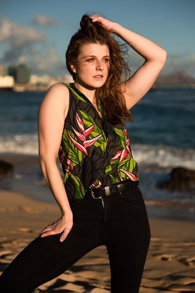 womens, hawaiian print, black ginger, asymmetrical, blouse, sleeveless, v-neck, Coradorables, modern aloha, aloha wear, resort wear, family matching