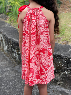 Girls, hawaiian, ribbon dress, protea. watermelon ,ties at shoulder, Coradorables, modern aloha, aloha wear, resort wear, family matching