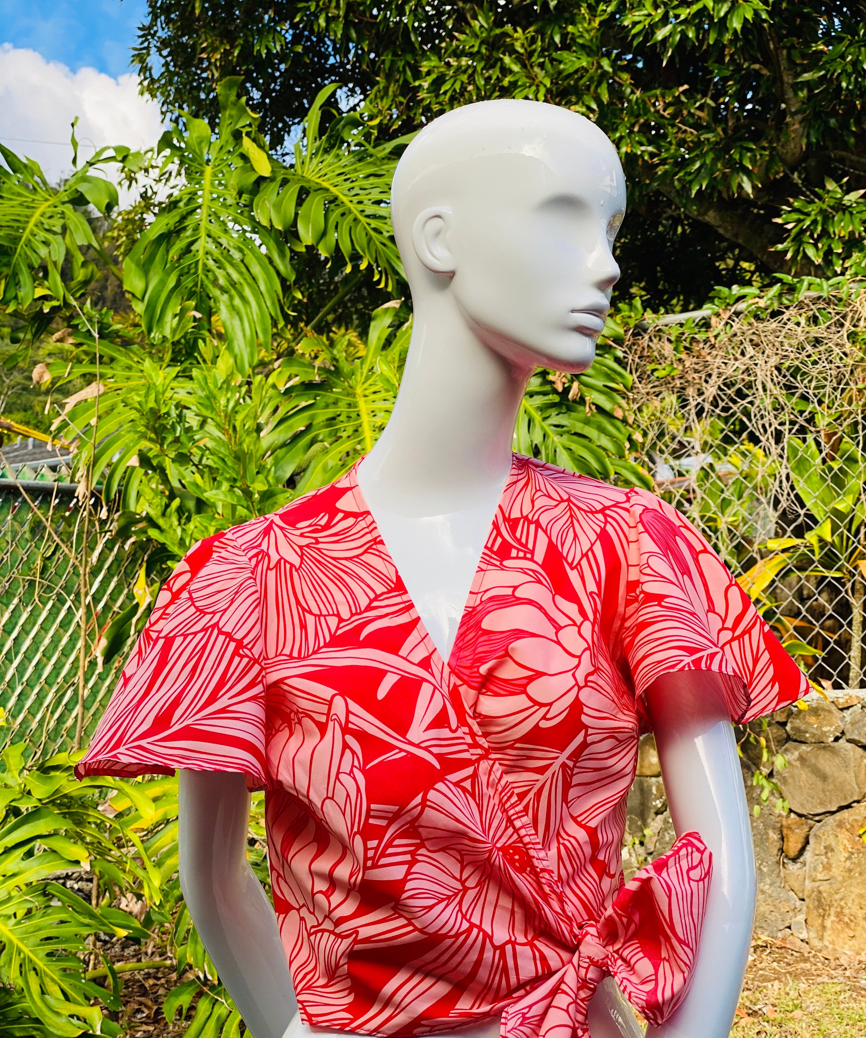 Womans, hawaiian, print, wrap top, flutter sleeve, protea, watermelon, Coradorables, modern aloha, aloha wear, resort wear, family matching