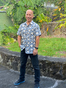 mens hawaiian shirt, tribal, blue, poly cotton, slim cut fit, size up recommended, aloha shirt, Coradorables, aloha wear, resort wear, family matching