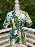 womens, cinch waist top, fabric belted, hawaiian print, monstera, green, white,  aloha wear, resort wear, family matching