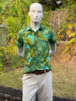 mens, hawaiian shirt, monstera, turquoise ,  green, rayon, fitted, Coradorables, aloha wear, resort wear, family matching