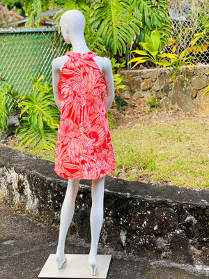 Cora Spearman Hawaii WOMENS Protea Watermelon Halter Neck Sheath Dress
