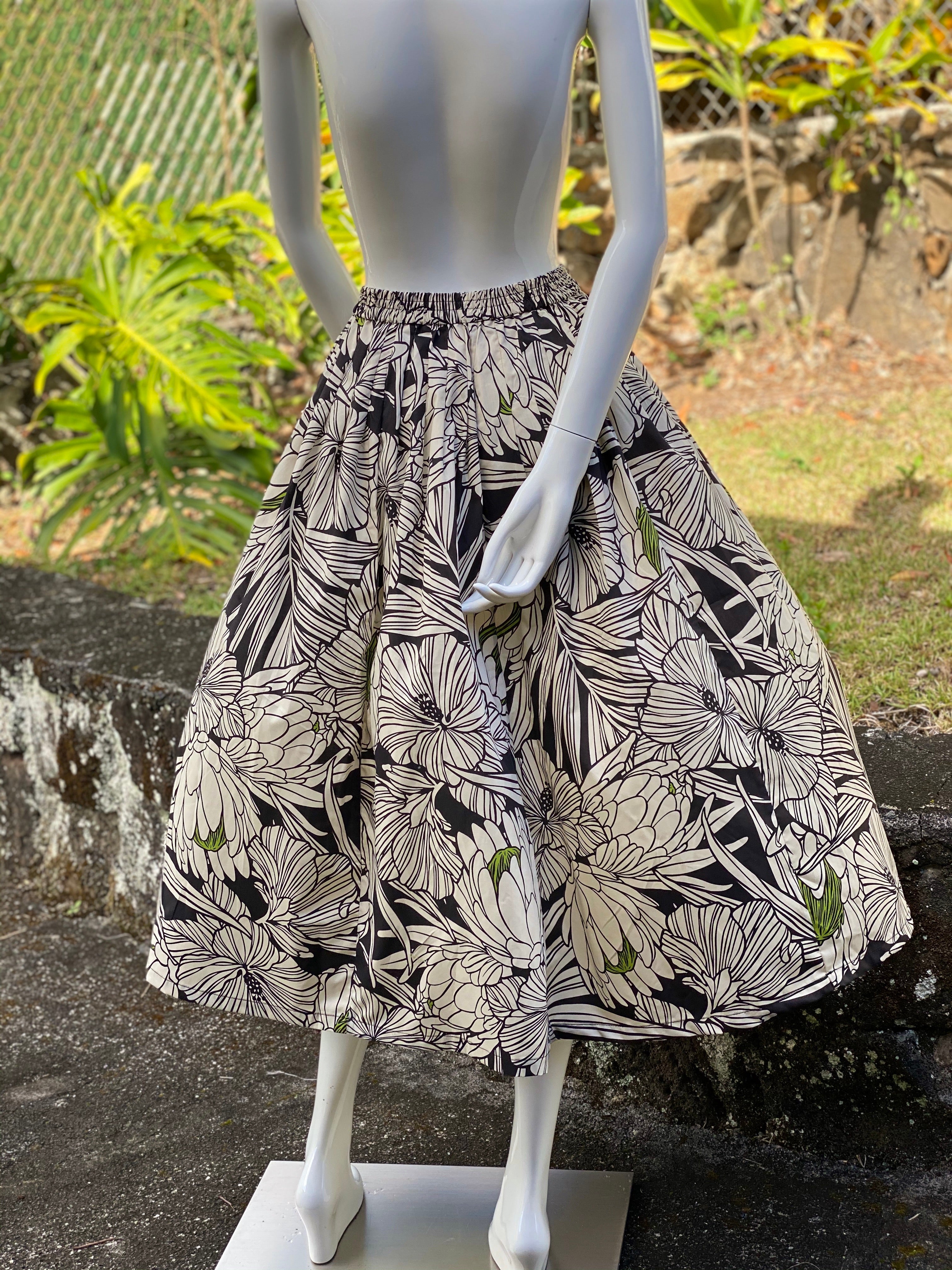 womans, hawaiian, print, maxi skirt, protea, black , Coradorables, modern aloha, aloha wear, resort wear, family matching