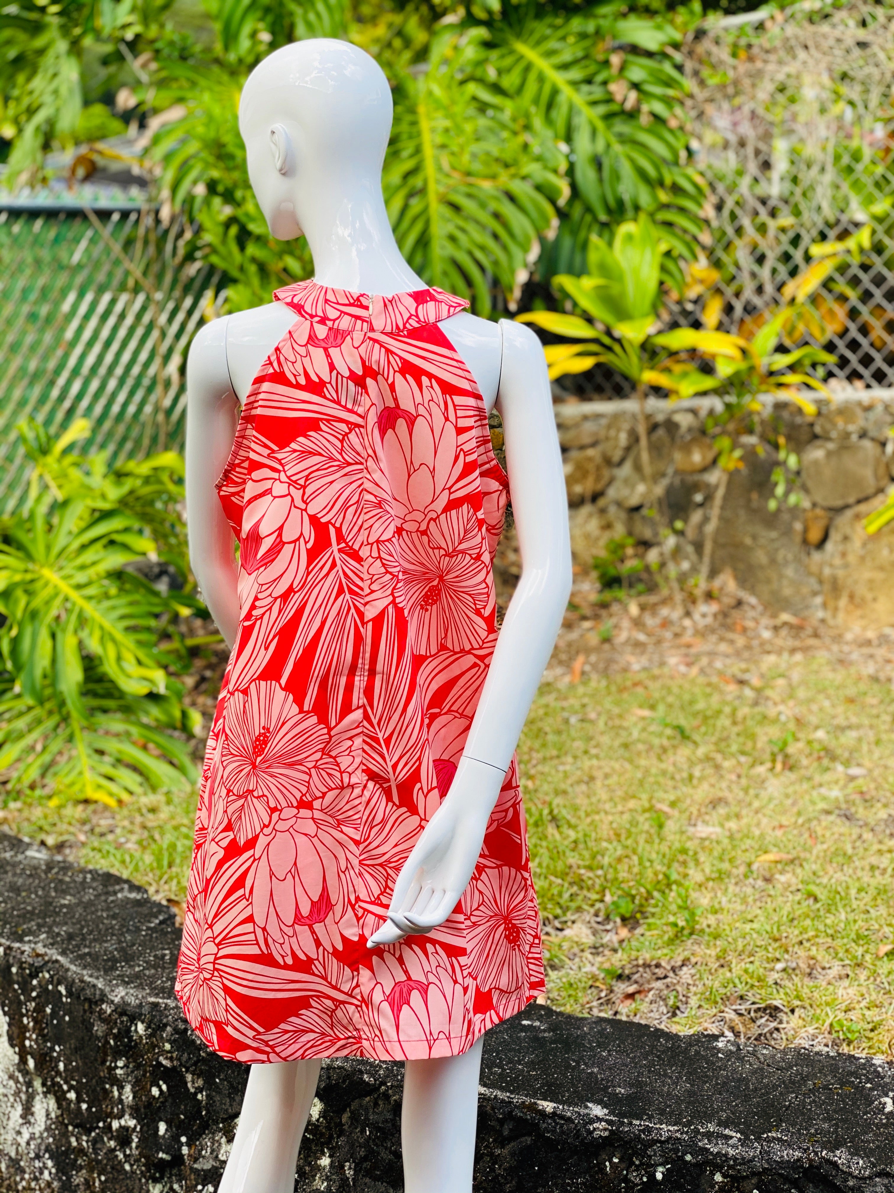 Cora Spearman Hawaii WOMENS Protea Watermelon Halter Neck Sheath Dress