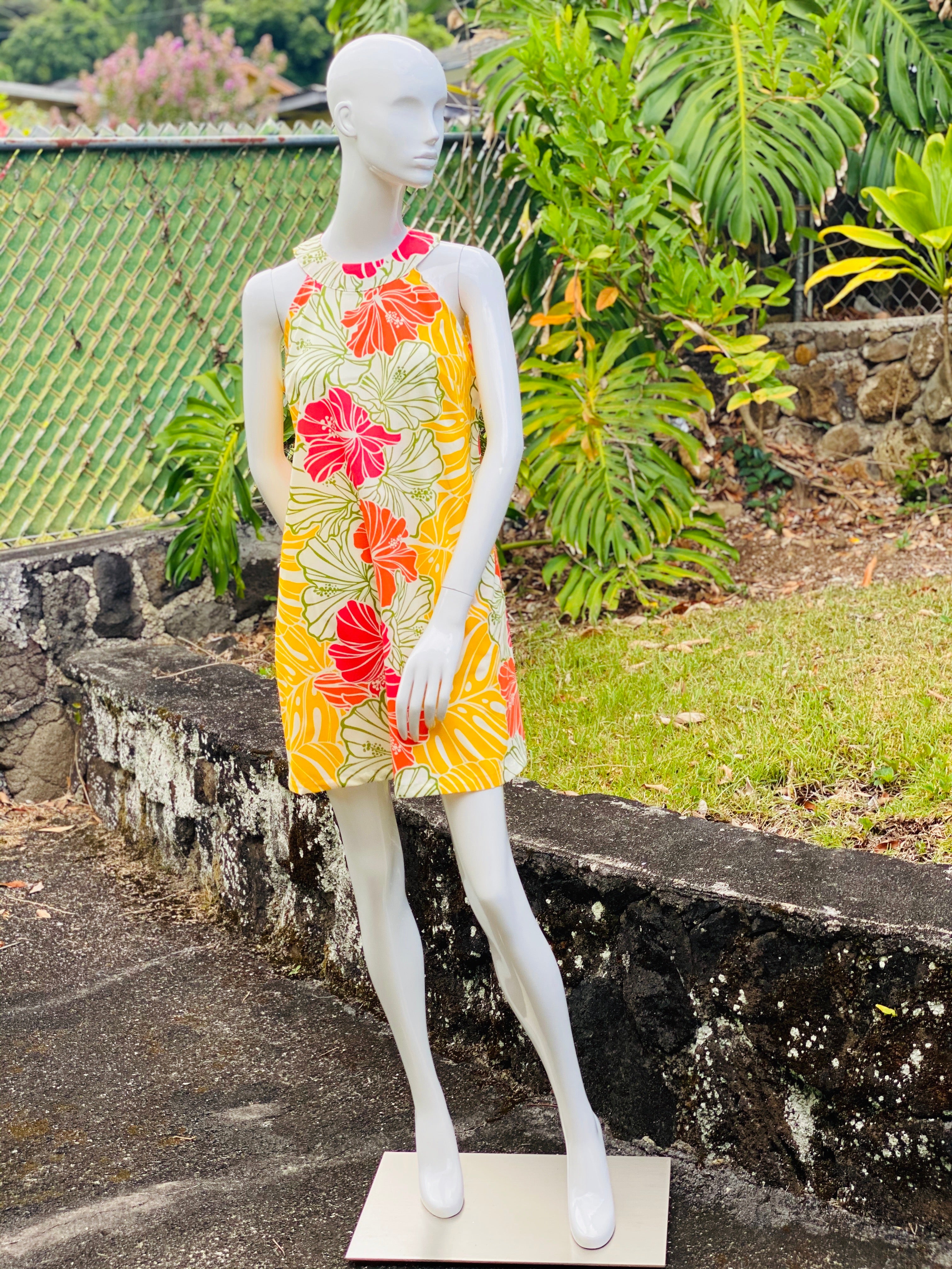 womans, hawaiian, dress, halter-neck, sheath, groovy, hibiscus, yellow, orange, Coradorables, modern aloha, aloha wear, resort wear, family matching