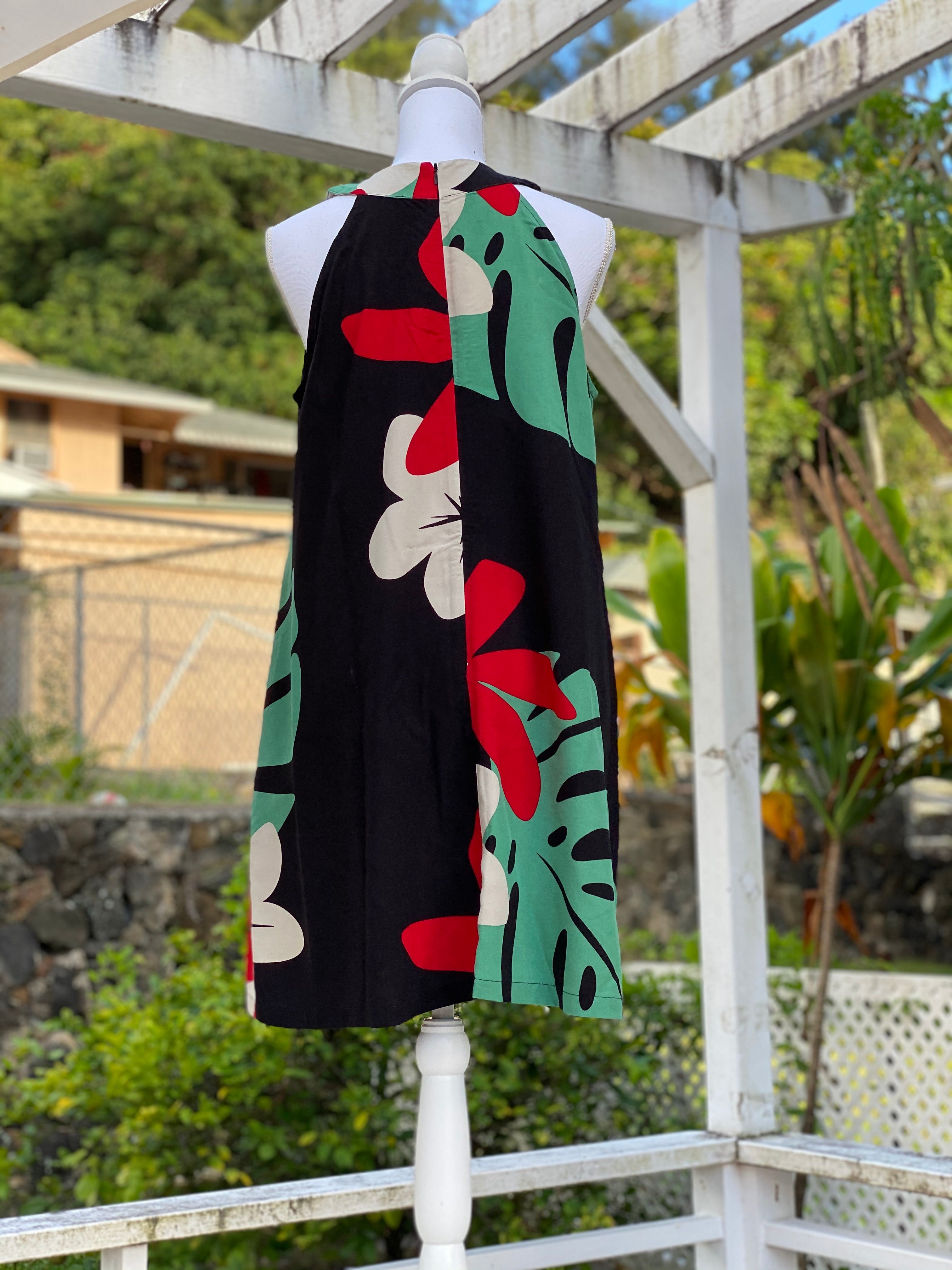 Cora Spearman Hawaii WOMENS Mod Aloha Black Halter Neck Sheath Dress L
