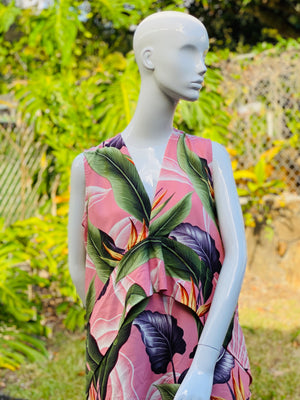 womans, hawaiian, asymmetrical, blouse, v neck, sleeveless, birds of paradise, mauve, Coradorables, modern aloha, aloha wear, resort wear, family matching