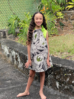 Girls, hawaiian, ribbon dress, protea. black ,ties at shoulder, Coradorables, modern aloha, aloha wear, resort wear, family matching