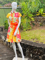 womans, hawaiian, shirt dress, fitted, groovy, hibiscus, yellow, orange, Coradorables, modern aloha, aloha wear, resort wear, family matching