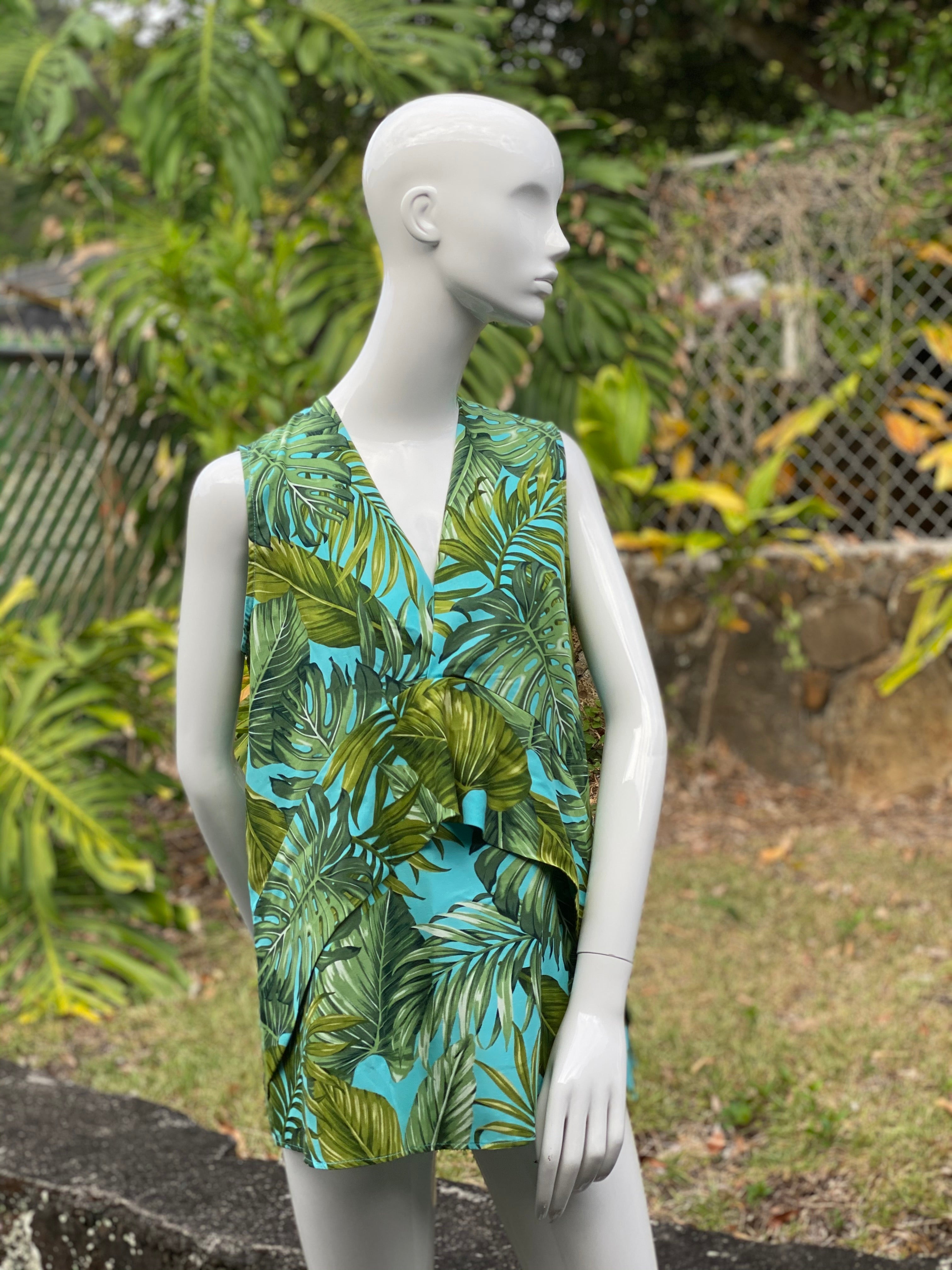 womans, hawaiian, asymmetrical, blouse, sleeveless, v-neck,, monstera, turquoise, green, rayon, Coradorables, modern aloha, aloha wear, resort wear, family matching