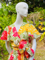 Womans, hawaiian, print, wrap top, flutter sleeve, groovy, hibiscus, yellow, orange, Coradorables, modern aloha, aloha wear, resort wear, family matching