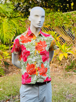 mens, hawaiian, shirt, groovy, hibiscus, yellow, orange, Coradorables, modern aloha, aloha wear, resort wear, family matching