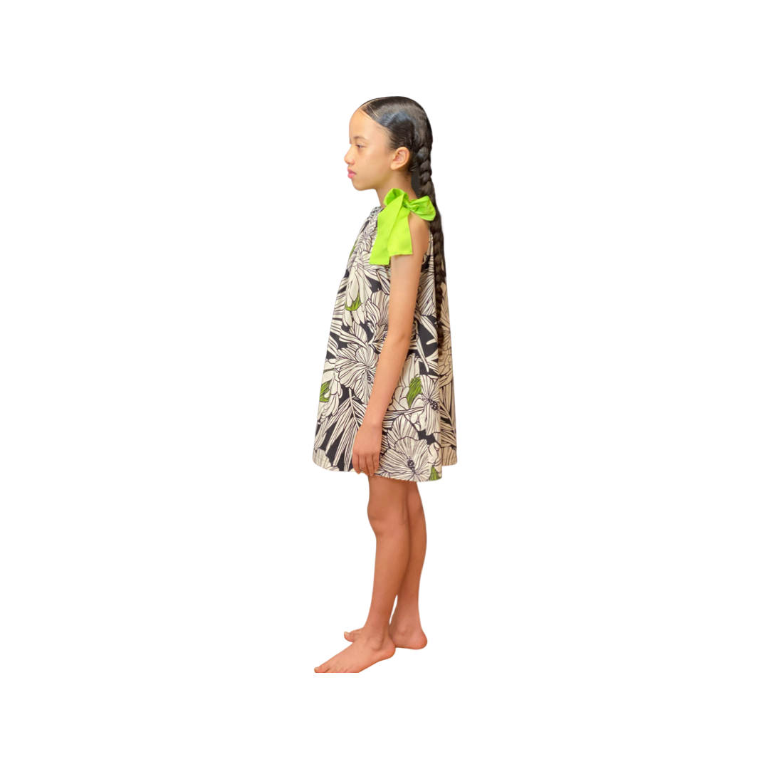 girls ribbon dress, ties at shoulder, hawaiian print, protea black, , tropical , Coradorables, Aloha wear, resort wear, family matching