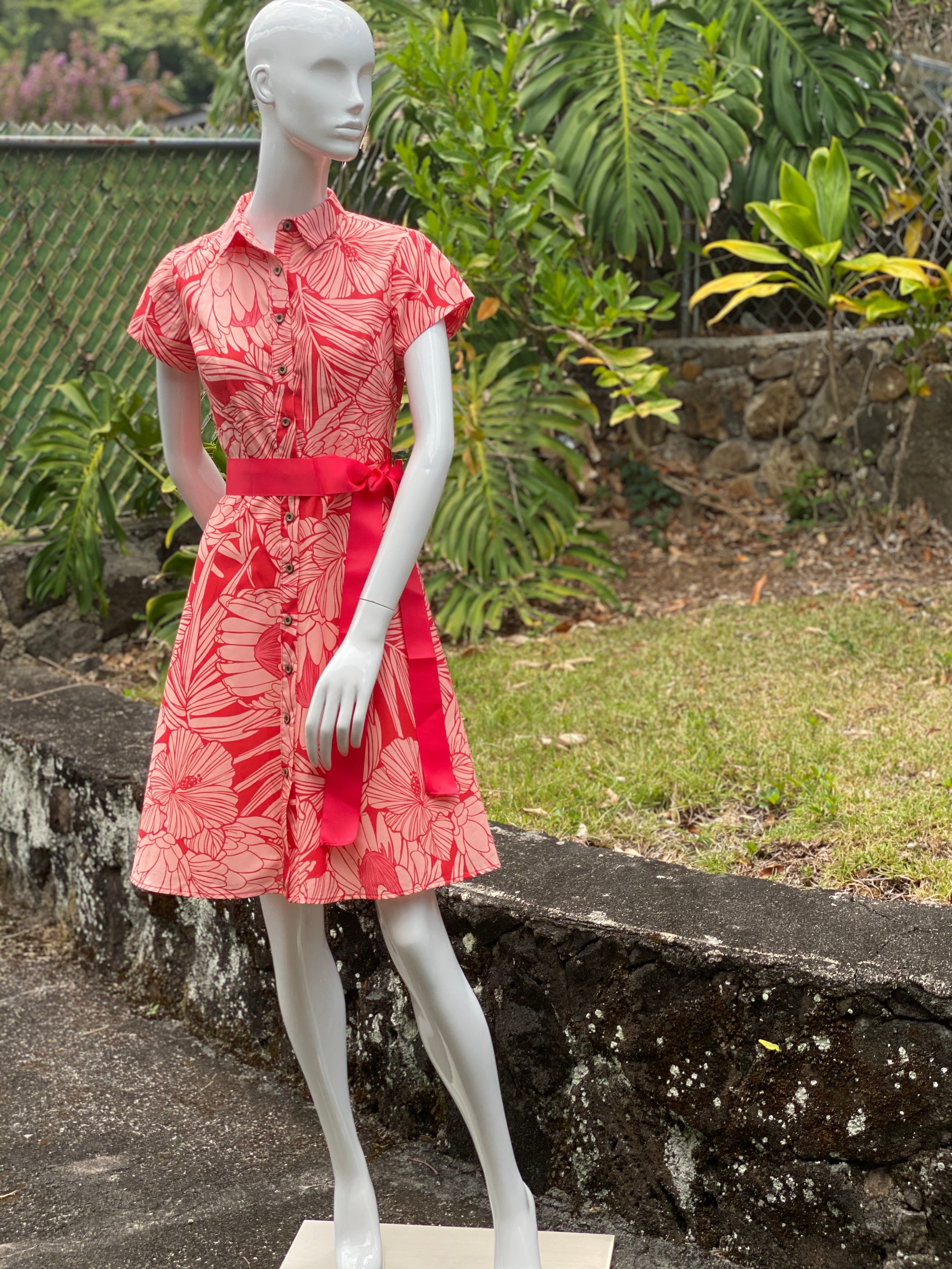 womans, hawaiian shirt, dress, protea, watermelon, fitted, Coradorables, modern aloha, aloha wear, resort wear, family matching