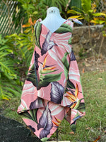 Girls, hawaiian, handkerchief dress, ties at shoulders, v neck, birds of paradise, mauve, flowy, Coradorables, modern aloha, aloha wear, resort wear, family matching