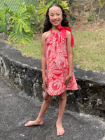 Girls, hawaiian, ribbon dress, protea. watermelon ,ties at shoulder, Coradorables, modern aloha, aloha wear, resort wear, family matching